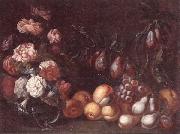 unknow artist Still life of Roses and convulvuli in a Glass vase,Together with peaches,grapes,pears and plums oil painting on canvas